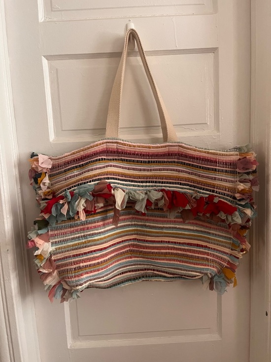 Raj Handbags - Raj Multicolor Striped Fringe Tote with Cream Handles